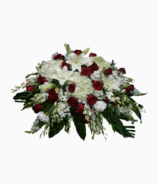 Classic White and Red Casket Spray – Exotic Flowers Gifts